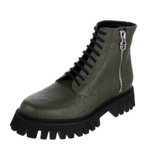 NWT Gucci Olive Green Leather Combat Boot with Black Lug Sole US 9